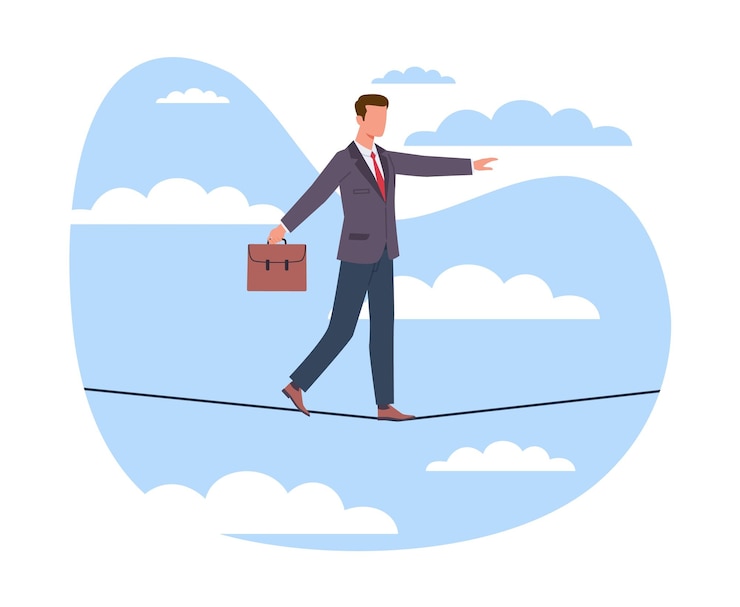 Photo businessman walks tightrope concept of business risks man walking on rope symbol of achievement bravery and courage conquering adversity problems solution vector cartoon flat illustration