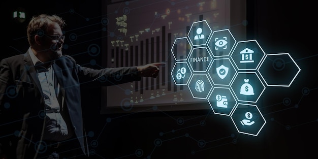 A businessman watches as a graph rises planning his startup Business growth finance concept investment strategy concept