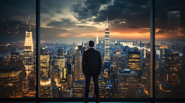 Businessman watching the night view of the city from his office in the skyscraper