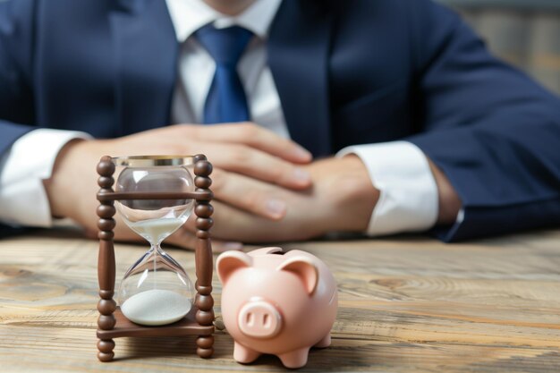 Photo businessman watching sandglass piggy bank on table