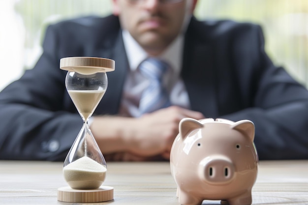 Photo businessman watching sandglass piggy bank on table