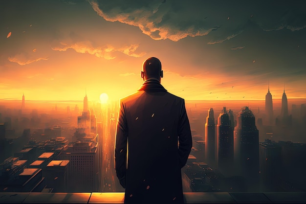 A businessman watching the sun set over the city while perched on a skyscrapers roof