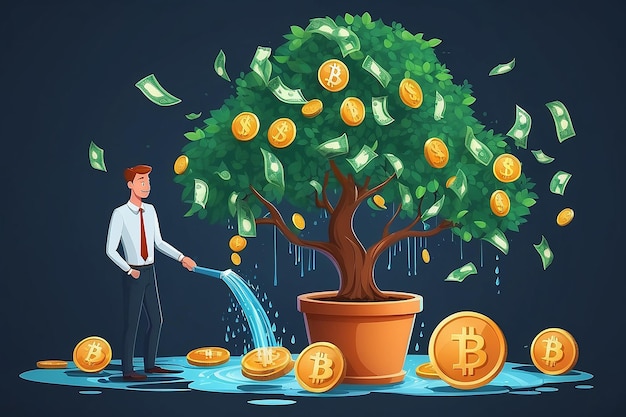 businessman watering money tree with growth bitcoins the analyst finance future Vector illustration