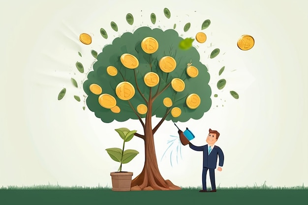 Photo businessman watering small plants and yielding a big tree money coin tree financial growth concept