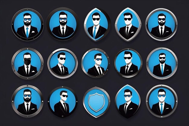 Businessman wearing formal suit holding shields isolated round icons or avatar