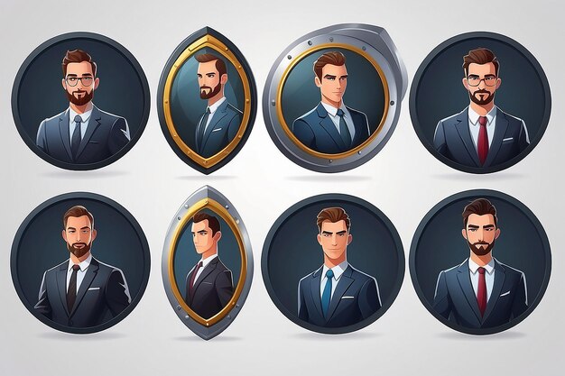 Businessman wearing formal suit holding shields isolated round icons or avatar