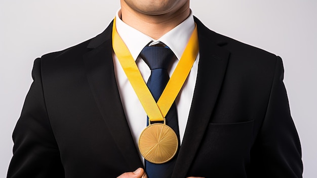 金メダルの黒いスーツを着たビジネスマン 半肖像画 白い背景 AIが生成した