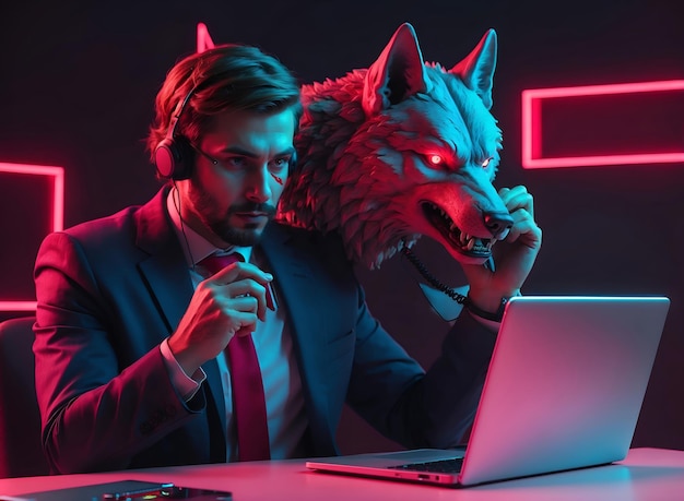 Businessman wearing headset working with ai generated wolf colleague