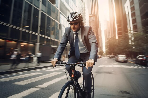 businessman wearing helmet biking with bicycle on road in city to work