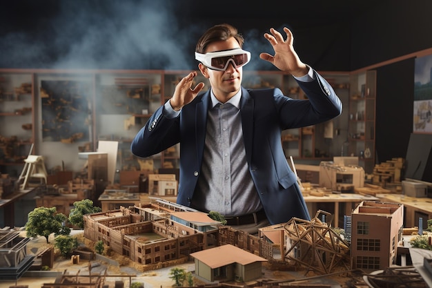 Photo businessman wearing hi-tech glasses gesturing with model house