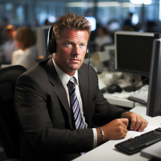 A businessman wearing a suit and tie is sitting at his desk in an office He is looking at the camera with a serious expression He is wearing a headset