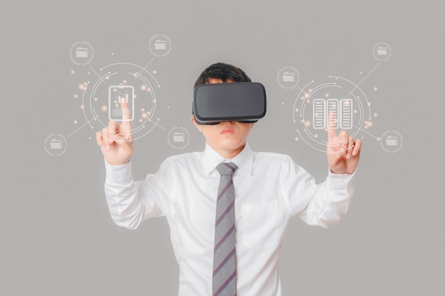 Businessman wearing VR glasses virtual business connection online documentation database