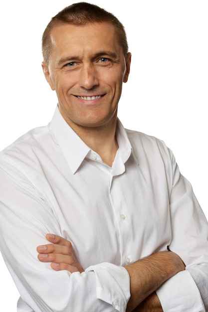 Businessman wearing white shirt against white background