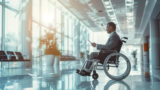 Photo a businessman in a wheelchair conveying a sense of contemplation and forwardthinking in corporate