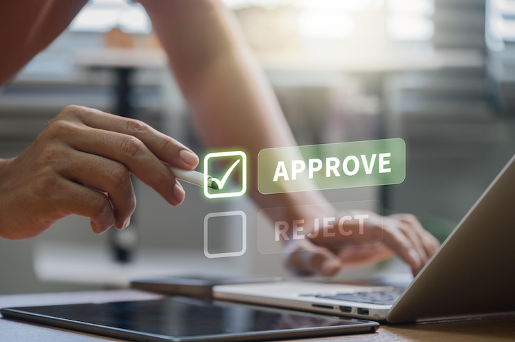 Photo businessman with approve or reject digital interface in workspace business decisionmaking processes validation tools efficient process control and collaborative workflow management