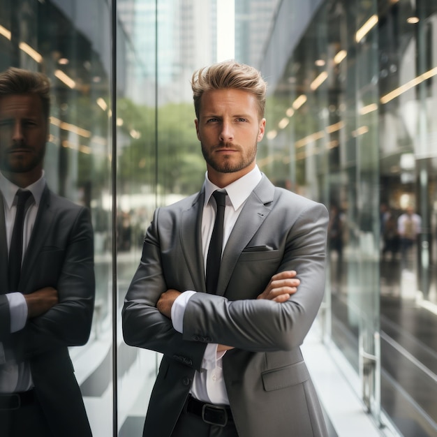 Photo businessman with arms crossed standing in front of glass office building