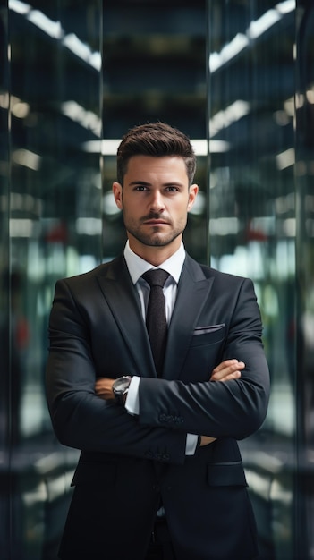 Businessman with arms crossed standing in front of glass office building