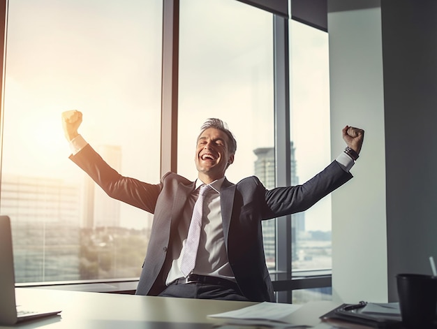 businessman with arms raised in front of a window