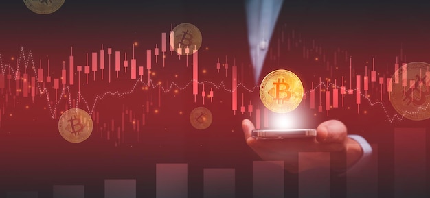 The businessman with bitcoins as part of a business network on red background. bitcoin cryptocurrency ideas concept and virtual financial chart diagram, Digital symbol of a new virtual currency