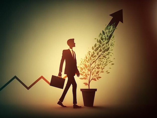 Businessman with briefcase and plant in pot, business success concept. Generative AI