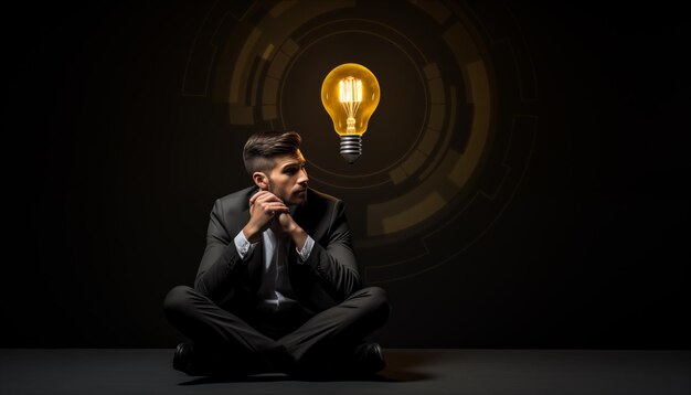 Businessman with bright light bulb thinking innovation concept