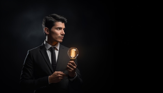 Businessman with bright light bulb thinking innovation concept