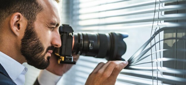 Foto l'uomo d'affari con una macchina fotografica che fotografa attraverso le persiane