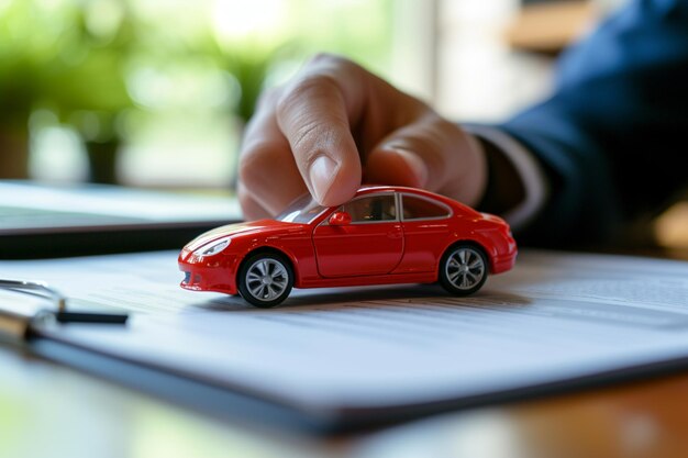 Uomo d'affari con modello di auto simbolo di assicurazione auto sfondo in stile bokeh