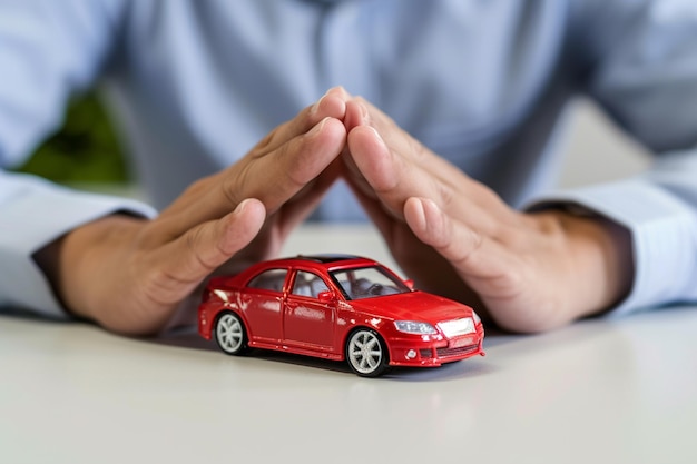 Foto uomo d'affari con modello di auto simbolo di assicurazione auto sfondo in stile bokeh