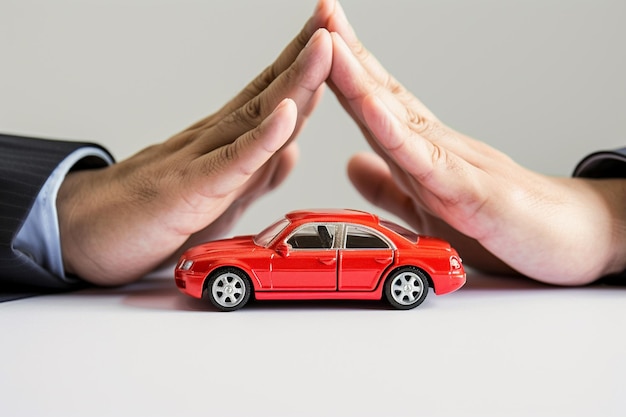 Uomo d'affari con modello di auto simbolo di assicurazione auto sfondo in stile bokeh