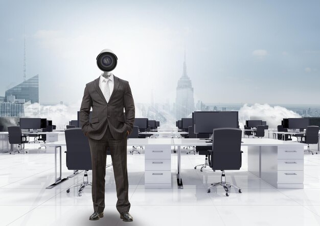 Businessman with CCTV head in office above city skyline