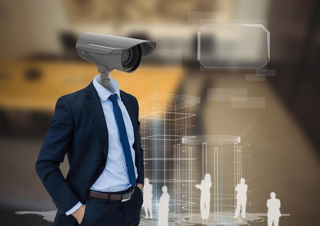 Businessman with CCTV head at office with interface