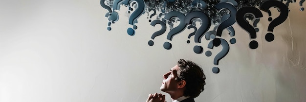 Businessman with cloud of question marks above depicting strategic thinking and problemsolving