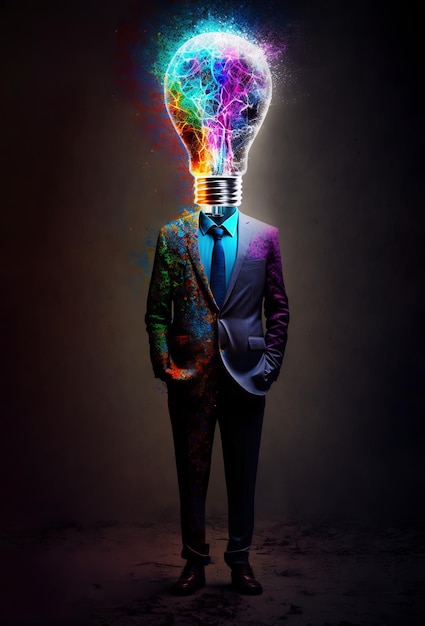 Бизнесмен с красочной концепцией головы лампочки на темном фоне Generative AI