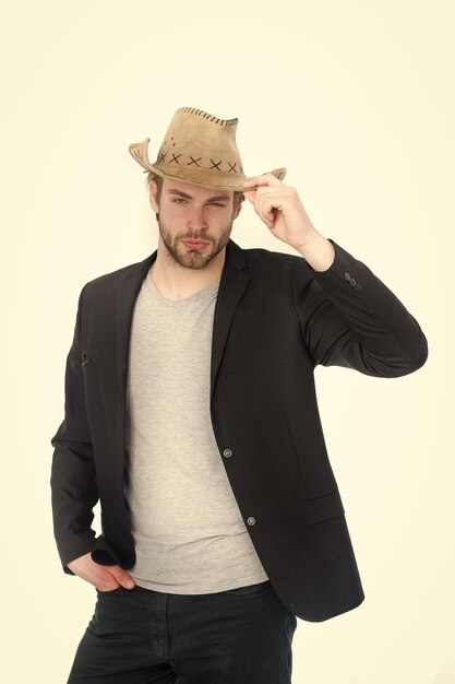 businessman with cowboy hat in suit jacket guy has happy smiling face in jacket isolated on white background