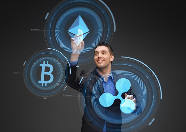 businessman with cryptocurrency holograms