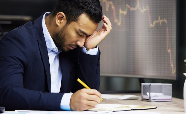 Businessman with depression analysing the stock market and trading during a financial crisis Stressed trader in a bear market looking at stocks crashing Market crash and economy failure