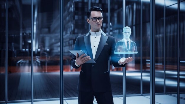 Businessman with digital tablet and human resourses holographic