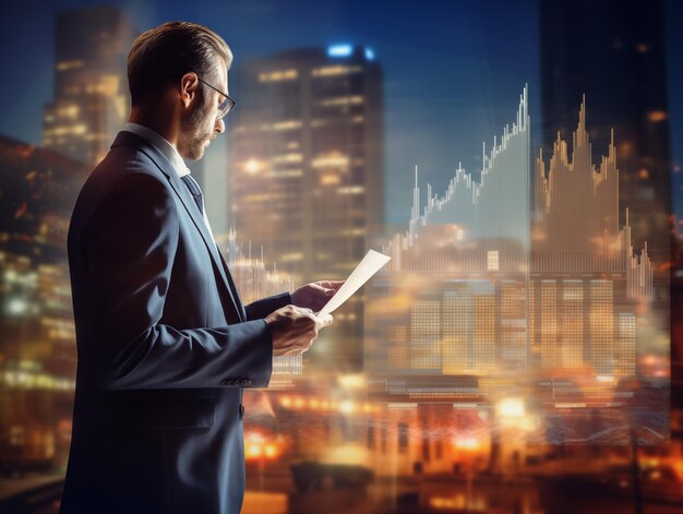 Бизнесмен с документами в руке смотрит на диаграмму в ярком фоне города