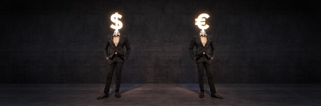 businessman with a dollar and euro sign for a head 3d rendering