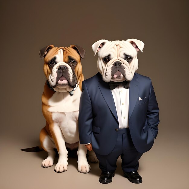 Photo businessman with an english bulldog dog head in a suit isolated background anthropomorphic animals