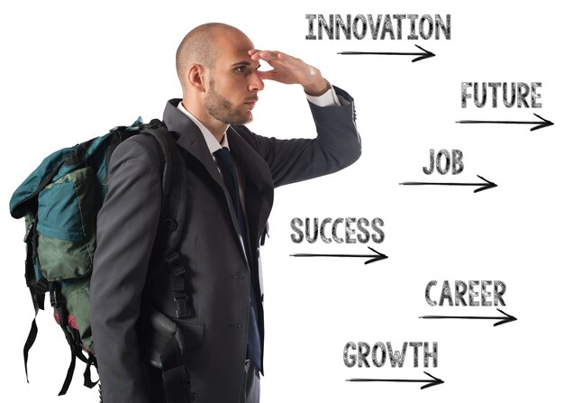 Businessman with explorer backpack follows the directional arrows