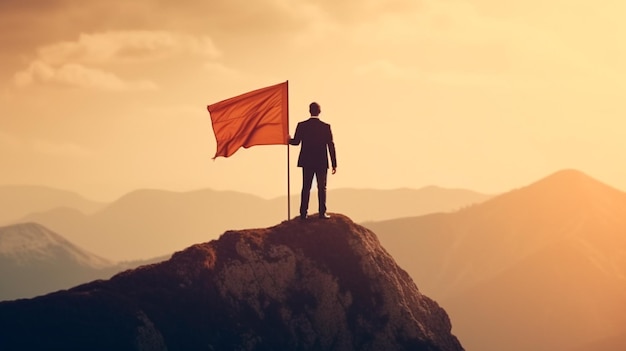 Businessman with flag standing on mountain top Businessman climbing for business success goals Generative AI