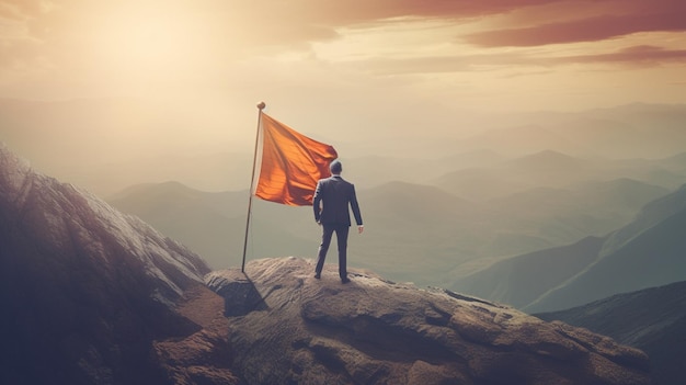 Photo businessman with flag standing on mountain top generative ai