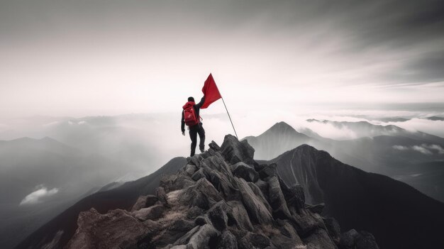 Фото Бизнесмен с флагом, стоящим на вершине горы