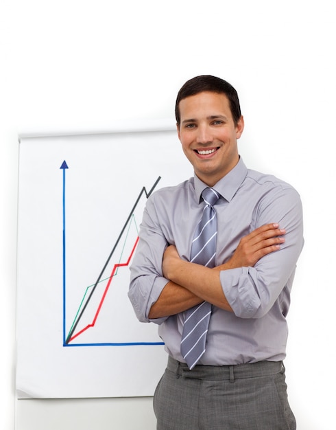 Businessman with folded arms giving a presentation 