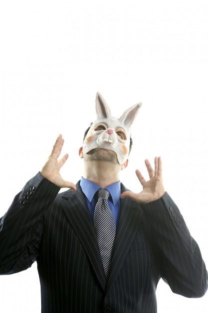 Photo businessman with funny rabbit mask