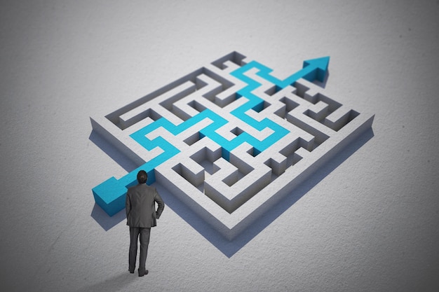 businessman with hand on hip against blue arrow solving puzzle