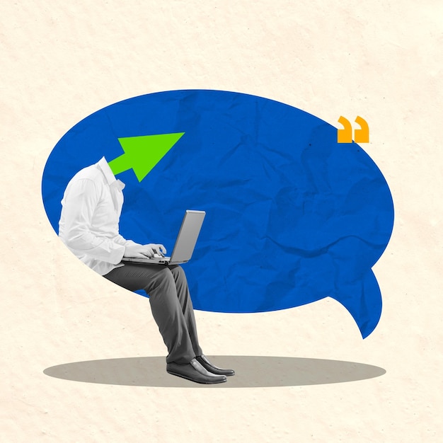 A businessman with the head of the rising arrow using a laptop sitting on a speech bubble
