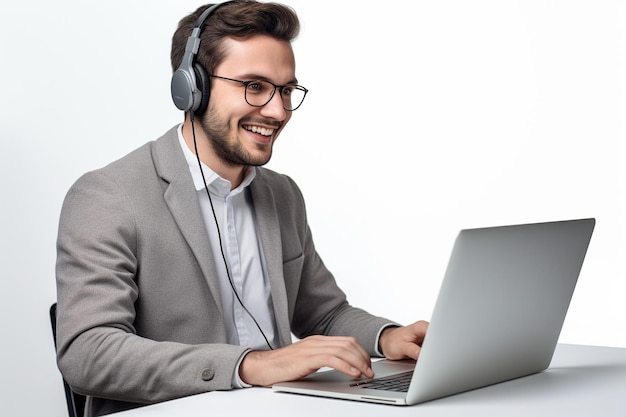 Businessman with headset using laptop against white wall